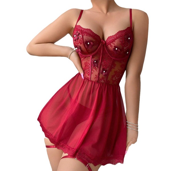 2407021 Lace see-through nightdress sexy lingerie set