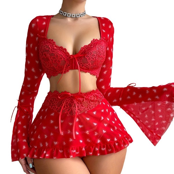 2405018 Sexy lingerie set red heart short skirt